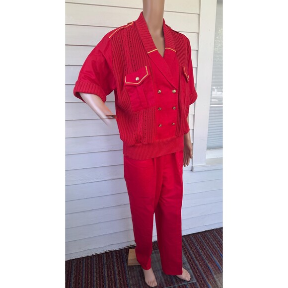 80s Red Pants Outfit Nautical Sweater Vintage M Double Button - Picture 10 of 10
